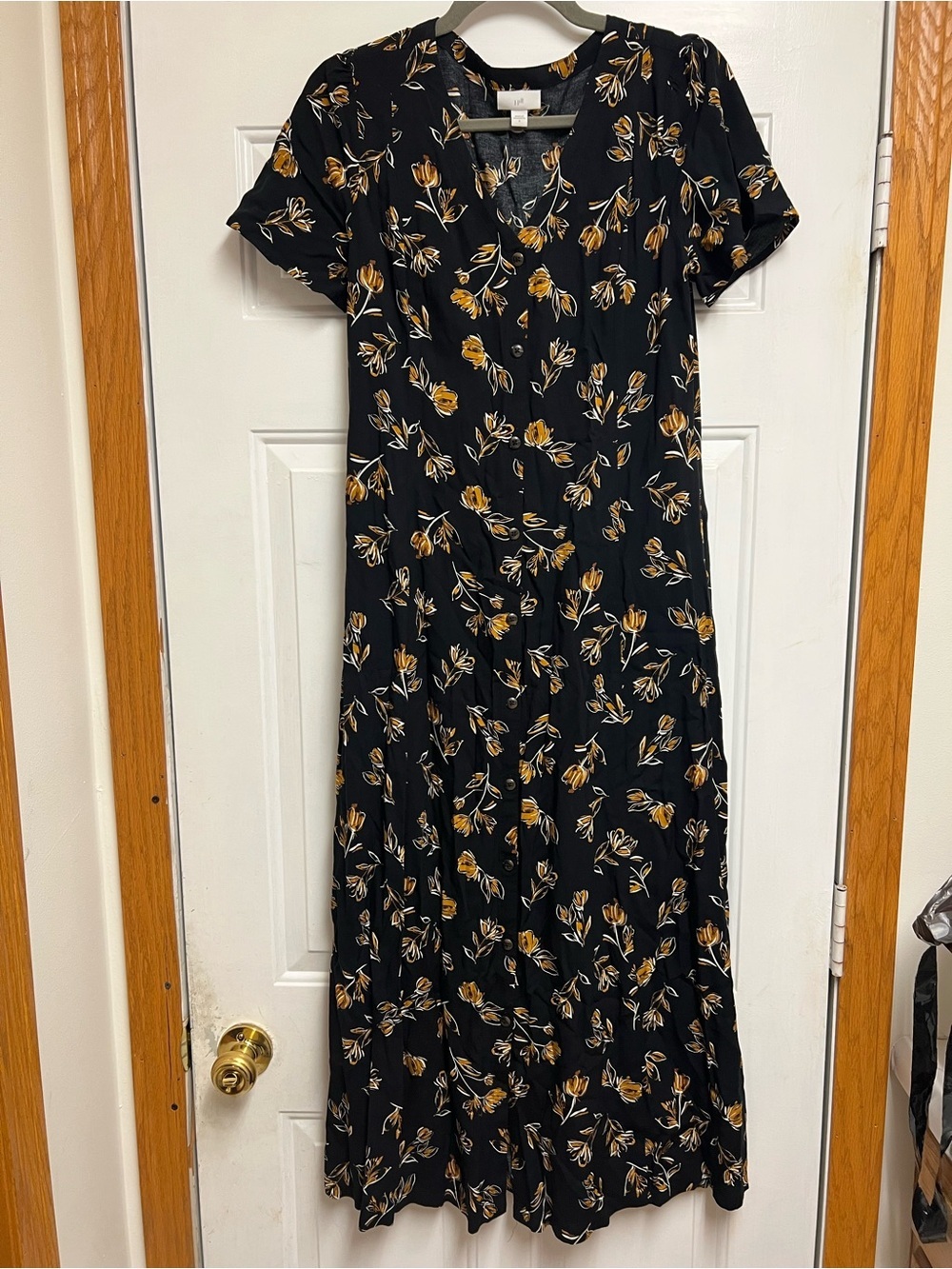 J. Jill Black Midi Dress with Mustard Floral Print